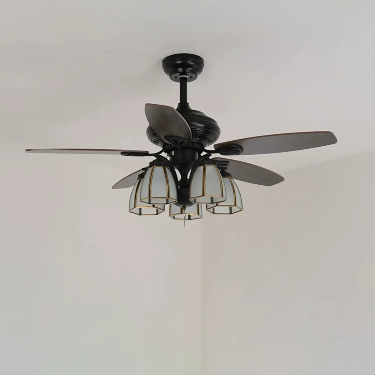 Elegant Black 5 Blade Glass Shade Ceiling Fan Light Image - 2
