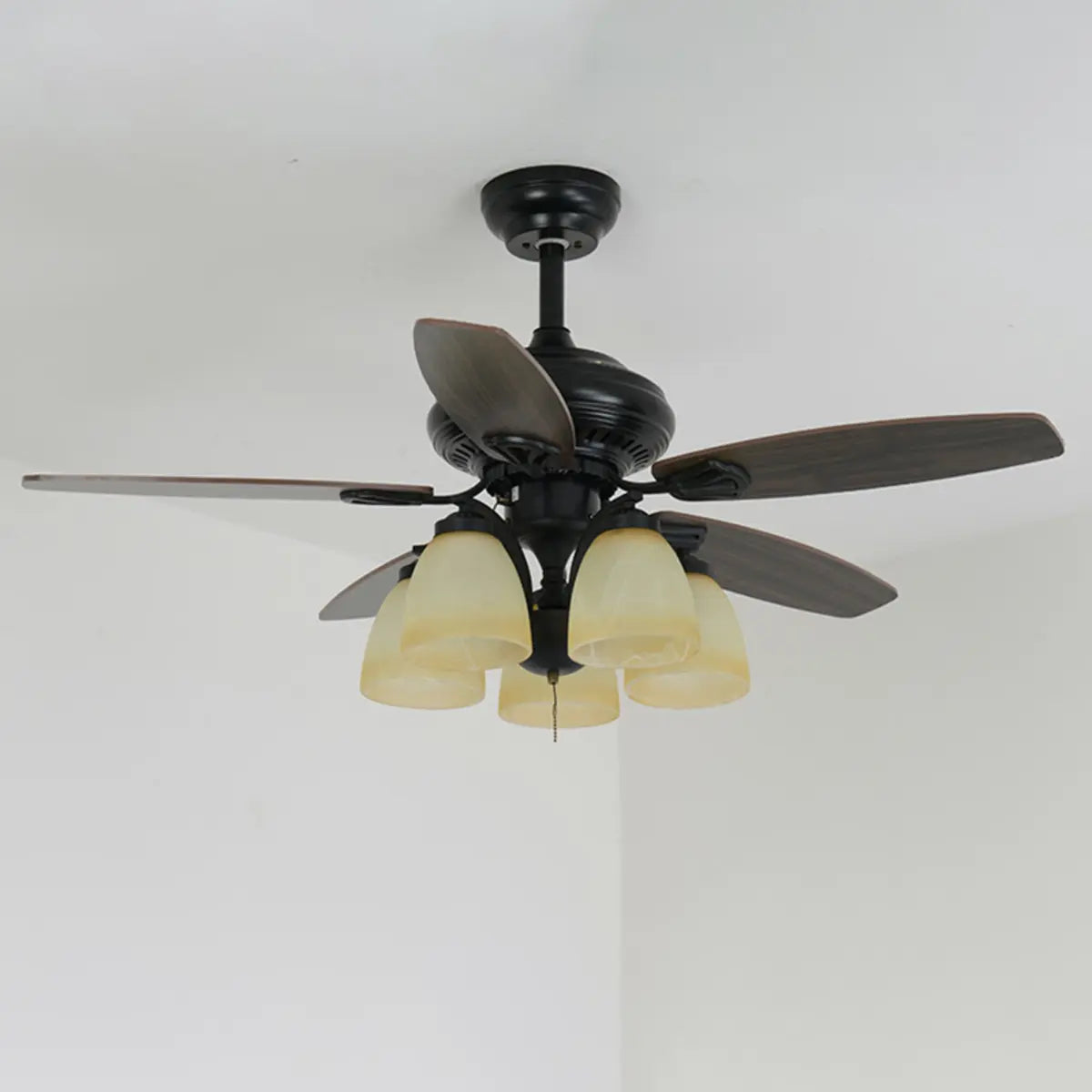 Elegant Black 5 Blade Glass Shade Ceiling Fan Light Image - 3