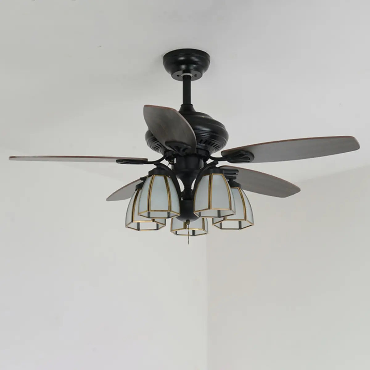 Elegant Black 5 Blade Glass Shade Ceiling Fan Light Image - 8