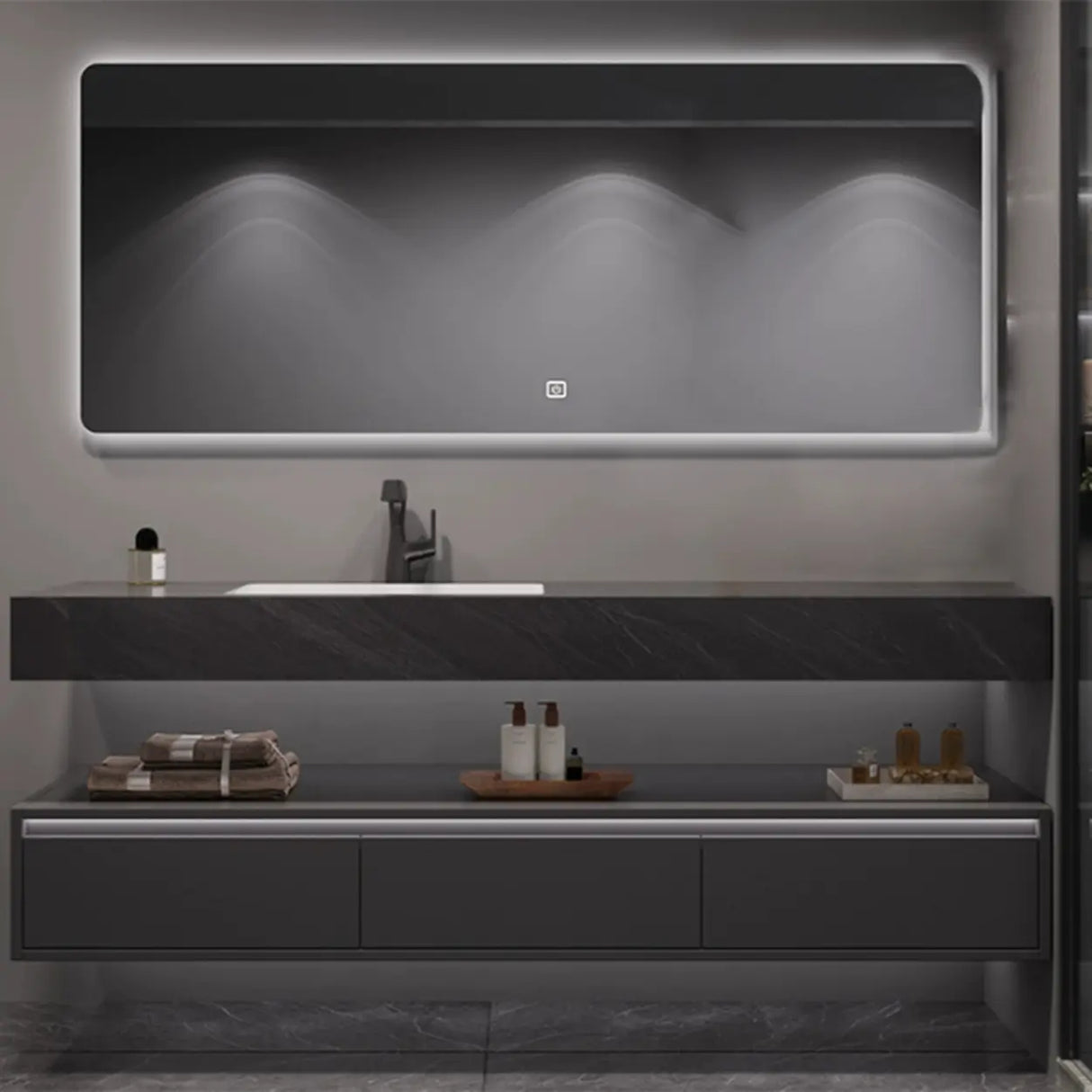 Elegant Black Wood Bath Vanity Set with Shelves and Drawers Image - 1