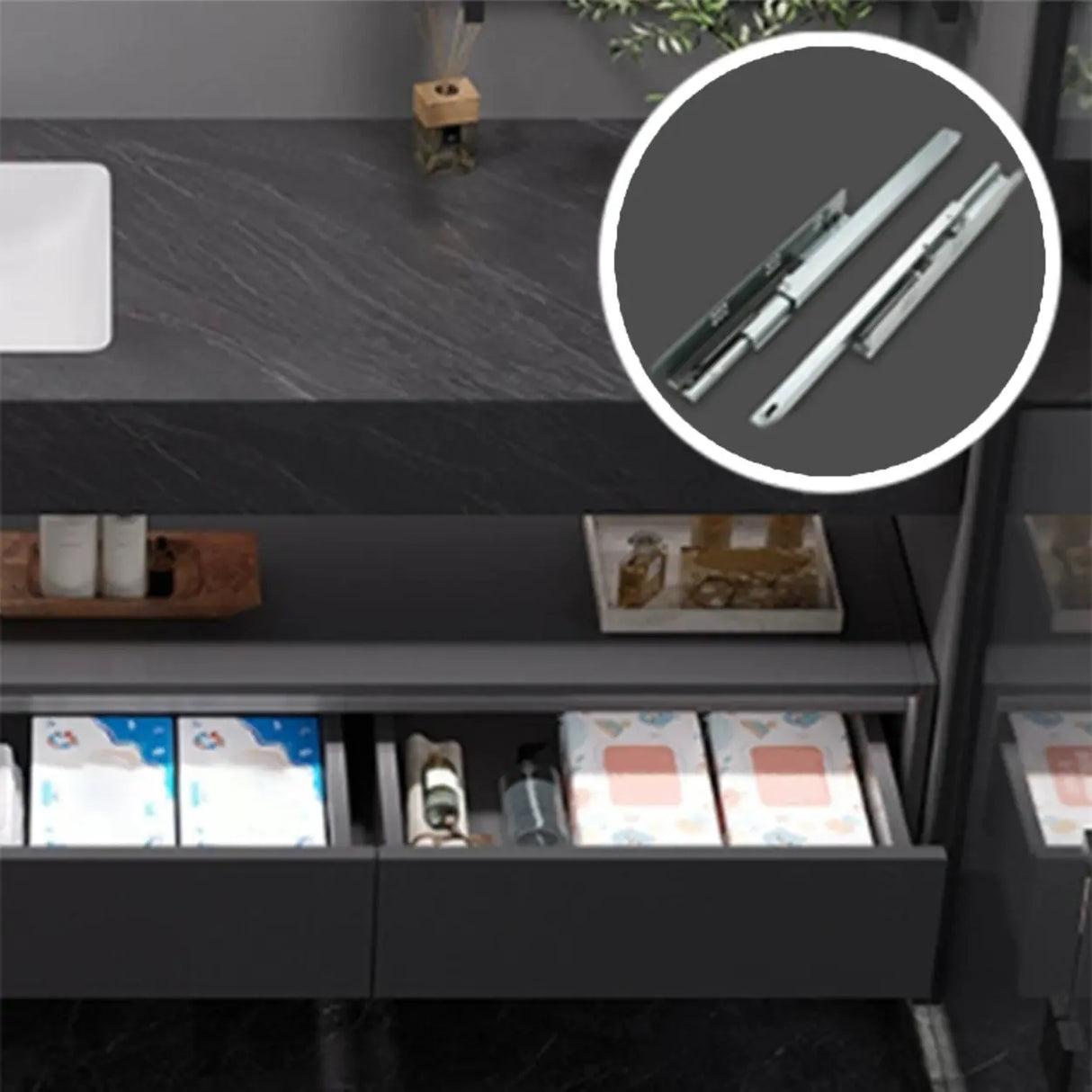 Elegant Black Wood Bath Vanity Set with Shelves and Drawers Image - 10