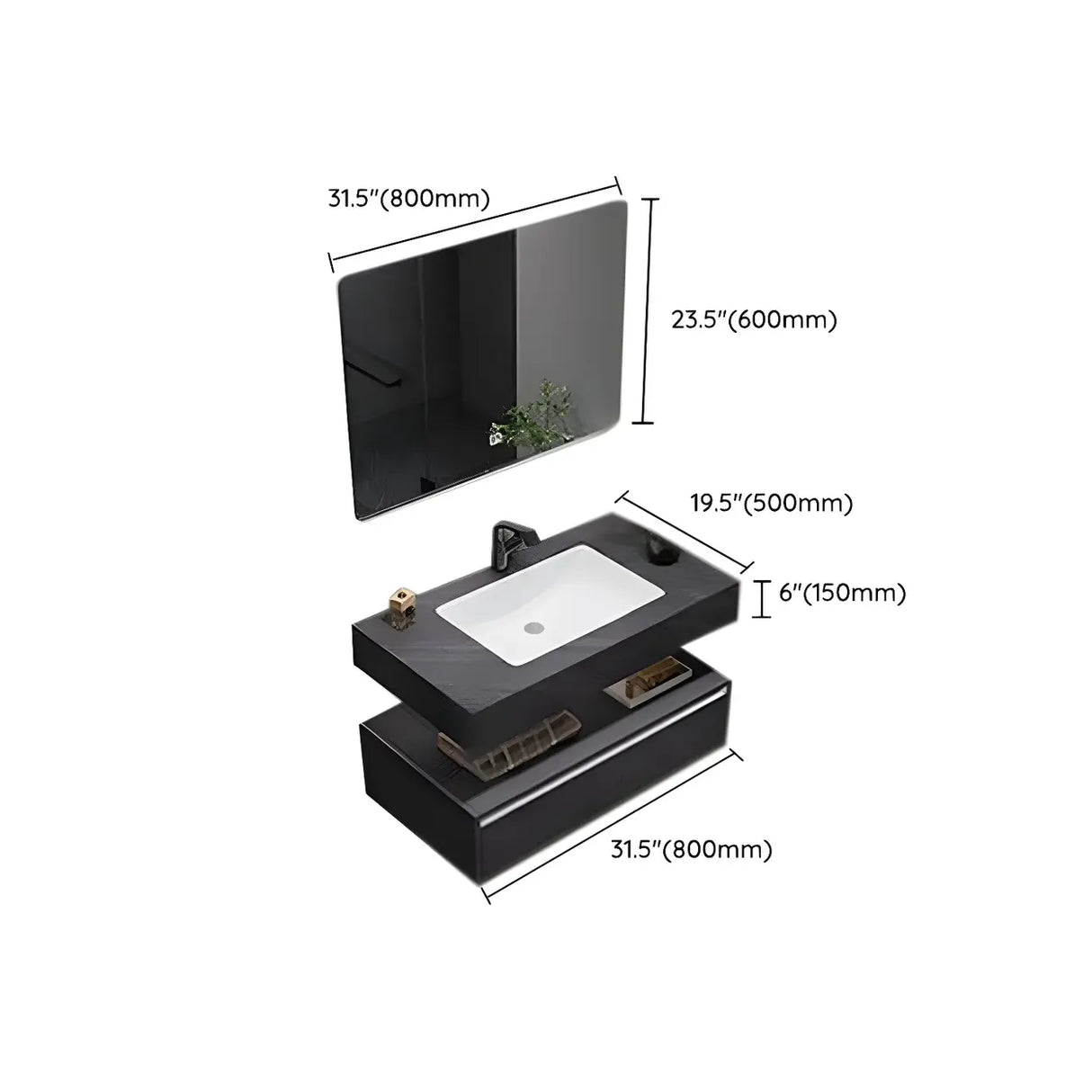 Elegant Black Wood Bath Vanity Set with Shelves and Drawers