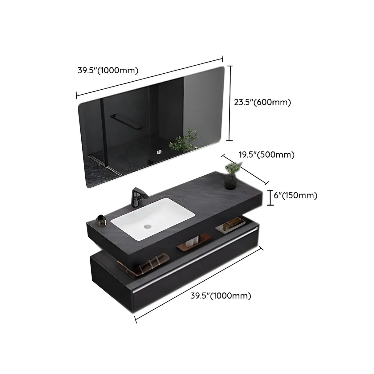 Elegant Black Wood Bath Vanity Set with Shelves and Drawers Image - 14