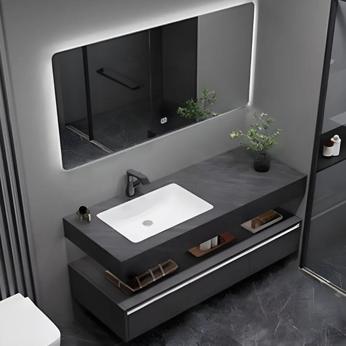 Elegant Black Wood Bath Vanity Set with Shelves and Drawers Image - 2