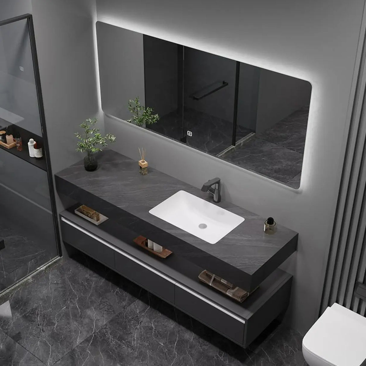 Elegant Black Wood Bath Vanity Set with Shelves and Drawers Image - 3