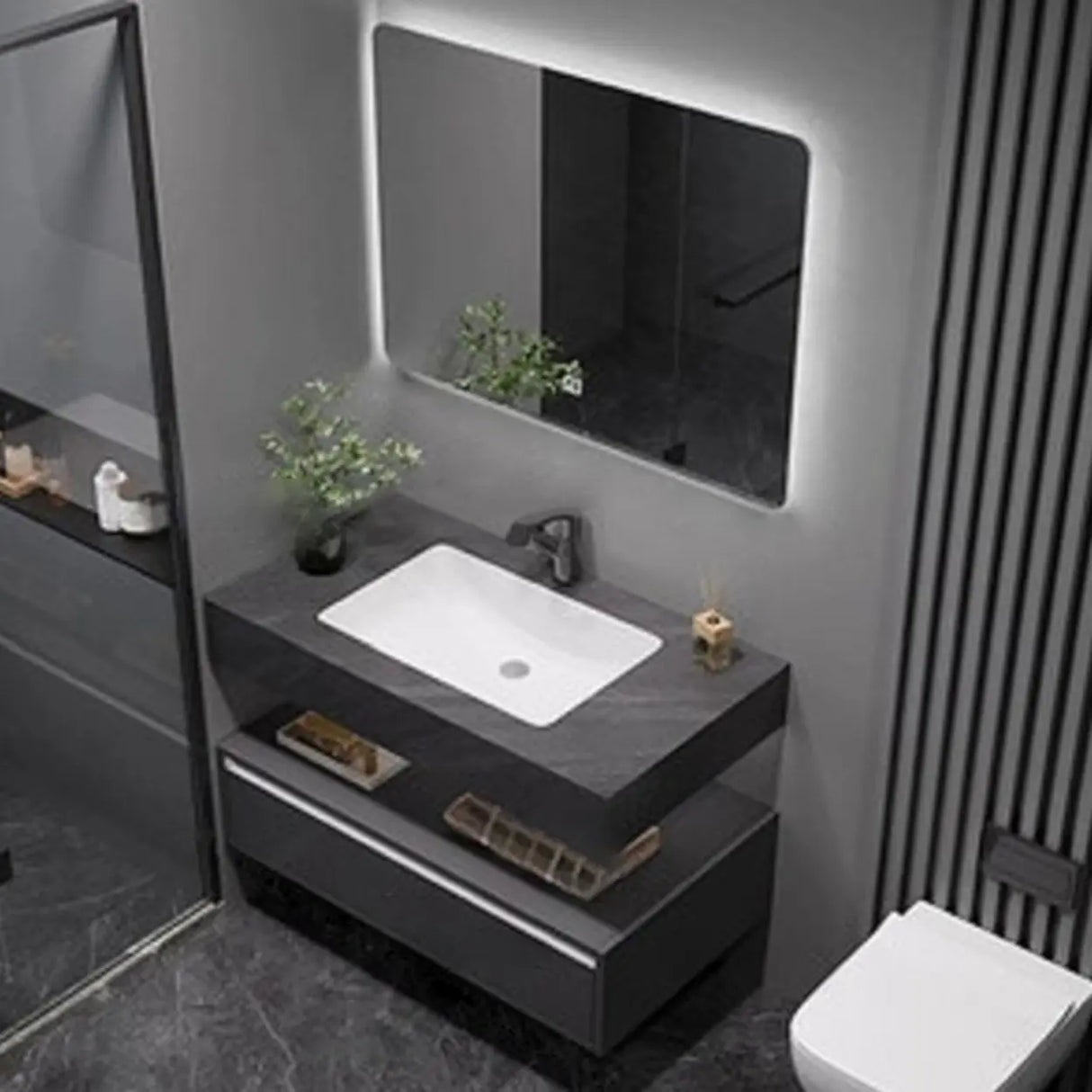 Elegant Black Wood Bath Vanity Set with Shelves and Drawers Image - 4