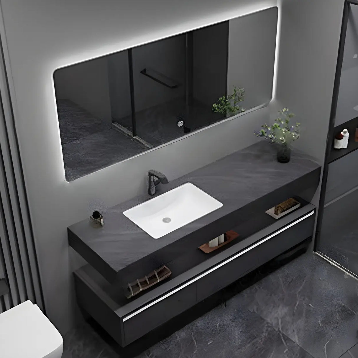 Elegant Black Wood Bath Vanity Set with Shelves and Drawers Image - 5