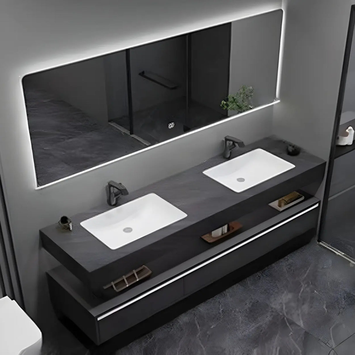 Elegant Black Wood Bath Vanity Set with Shelves and Drawers Image - 6