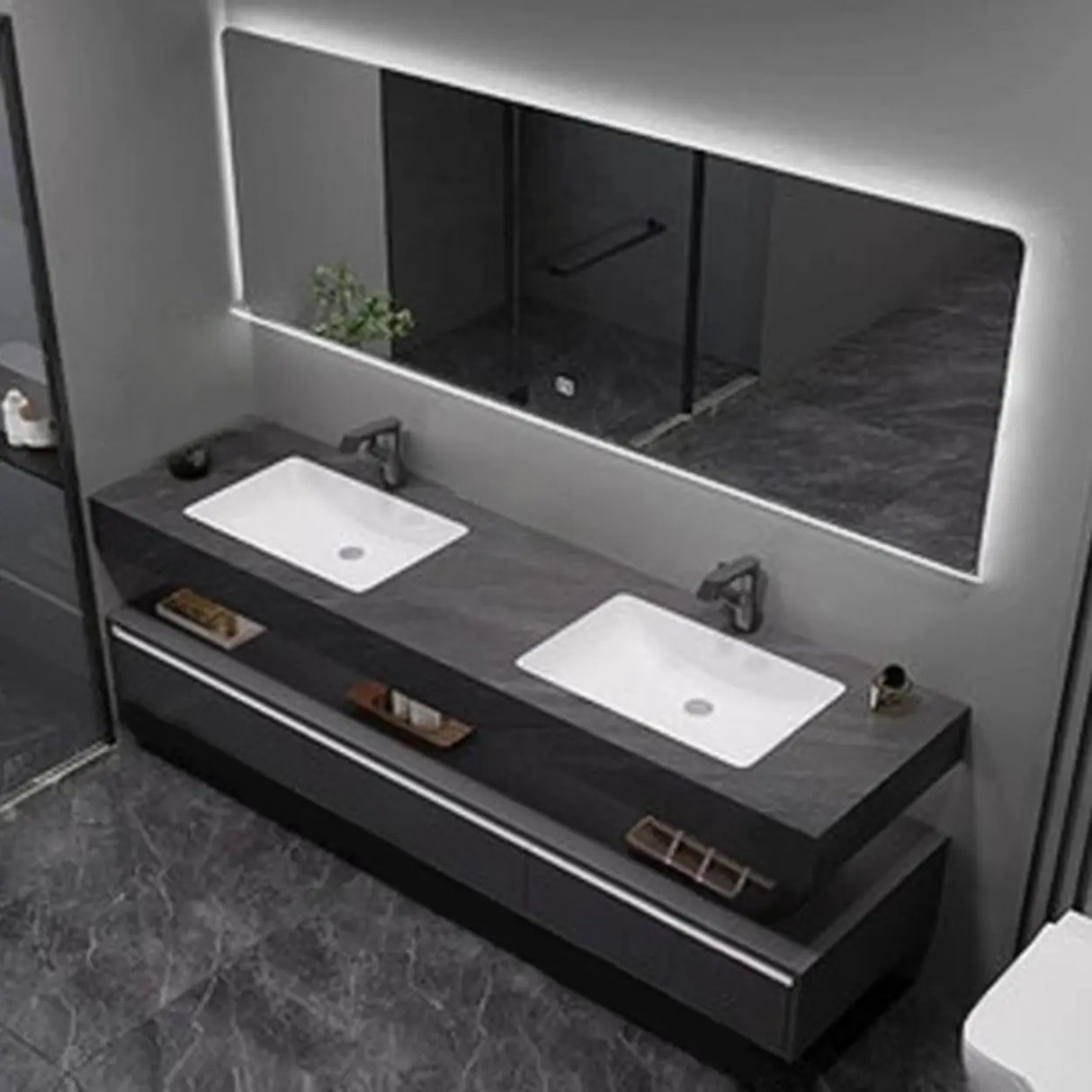 Elegant Black Wood Bath Vanity Set with Shelves and Drawers Image - 7
