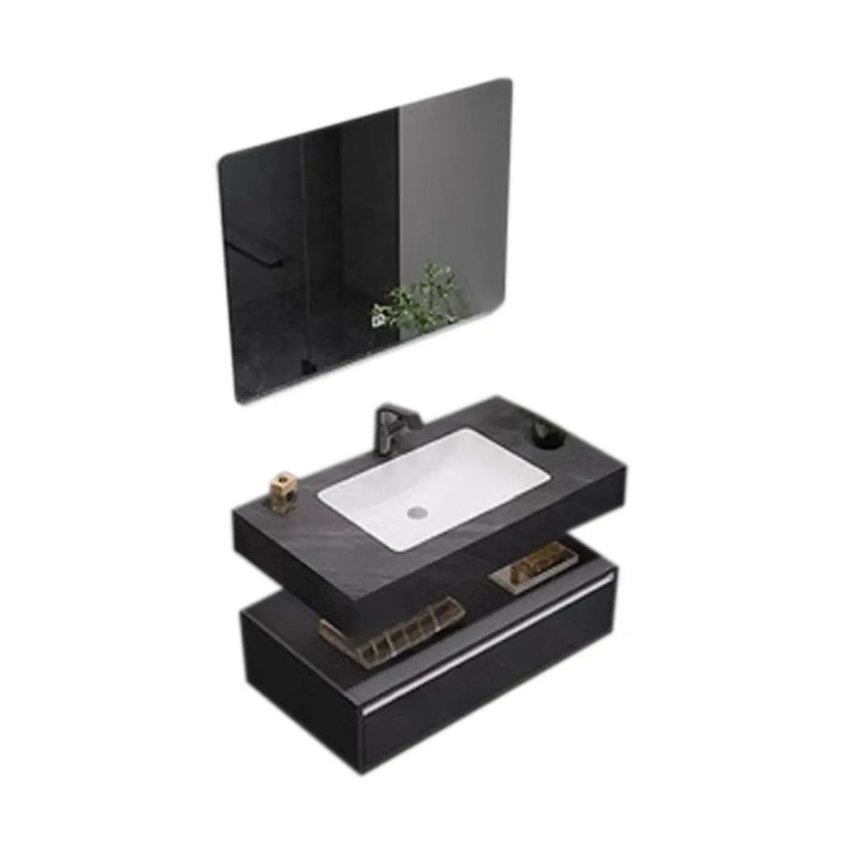 Elegant Black Wood Bath Vanity Set with Shelves and Drawers Image - 8