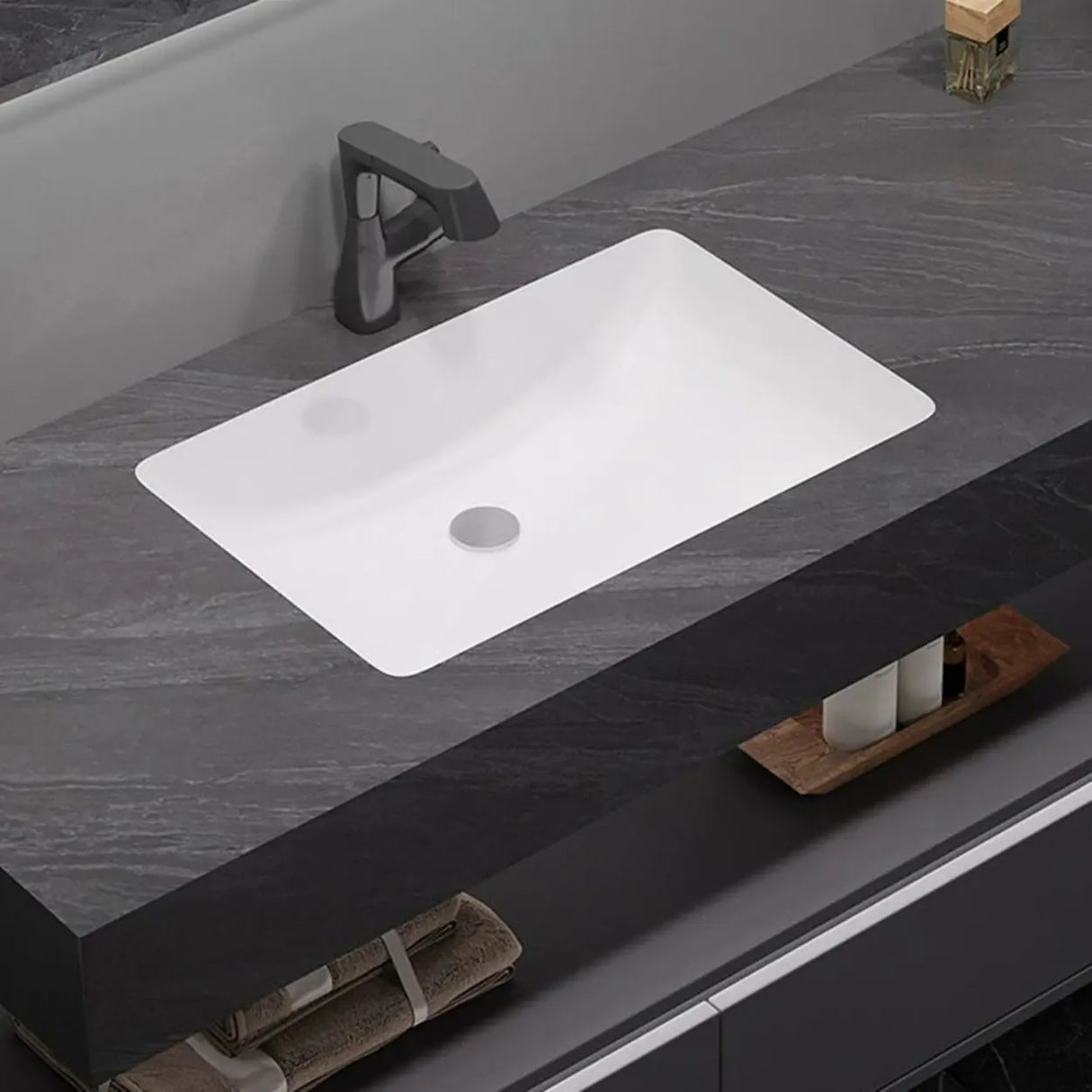 Elegant Black Wood Bath Vanity Set with Shelves and Drawers Image - 9