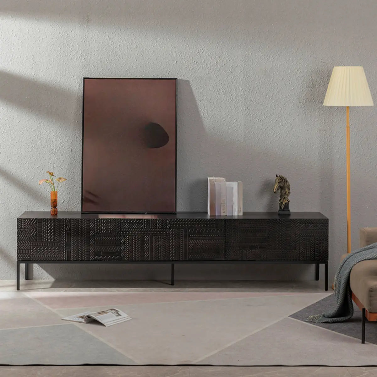 Elegant Black Wood Rectangle Carving Long TV Stand Image - 1