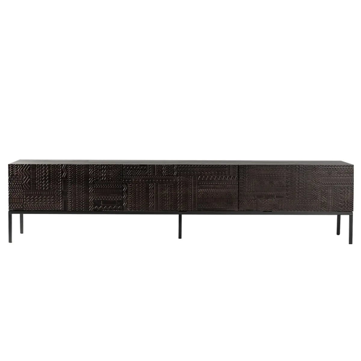Elegant Black Wood Rectangle Carving Long TV Stand Image - 2