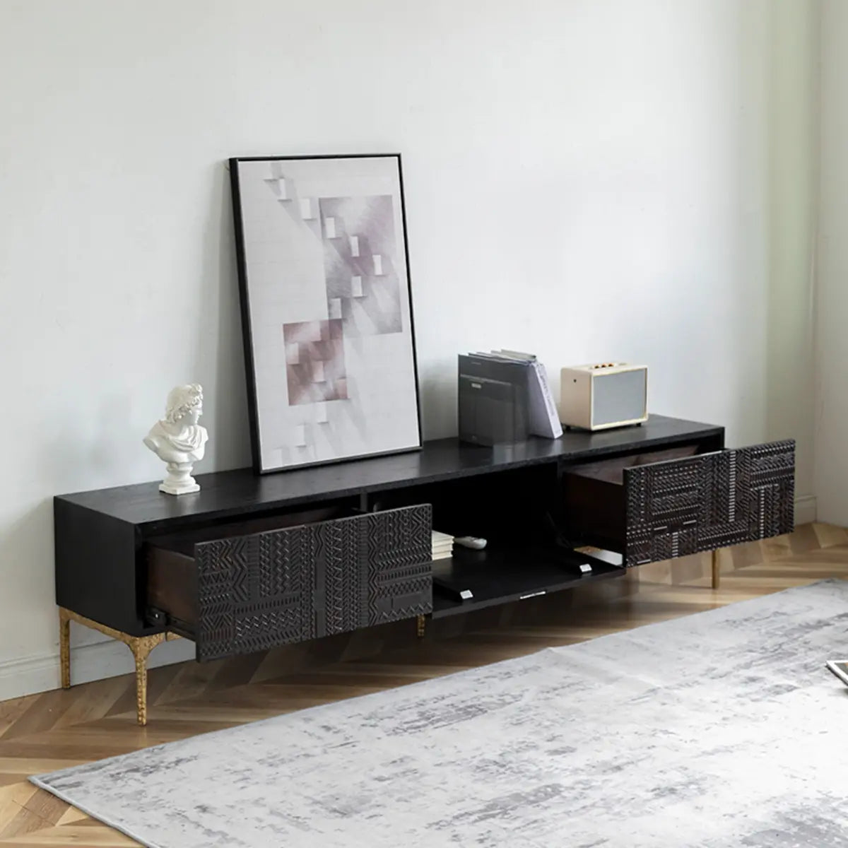 Elegant Black Wood Rectangle Carving Long TV Stand Image - 3