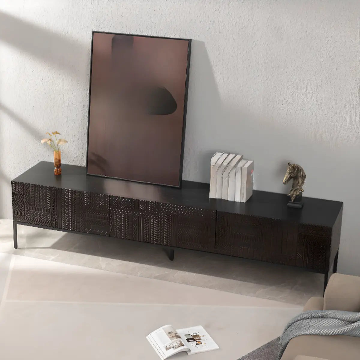 Elegant Black Wood Rectangle Carving Long TV Stand Image - 4