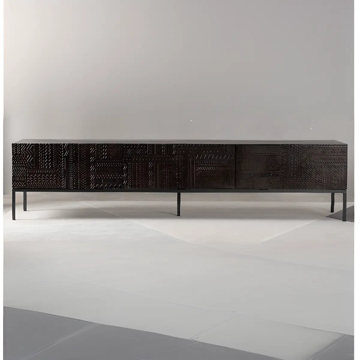 Elegant Black Wood Rectangle Carving Long TV Stand Image - 5