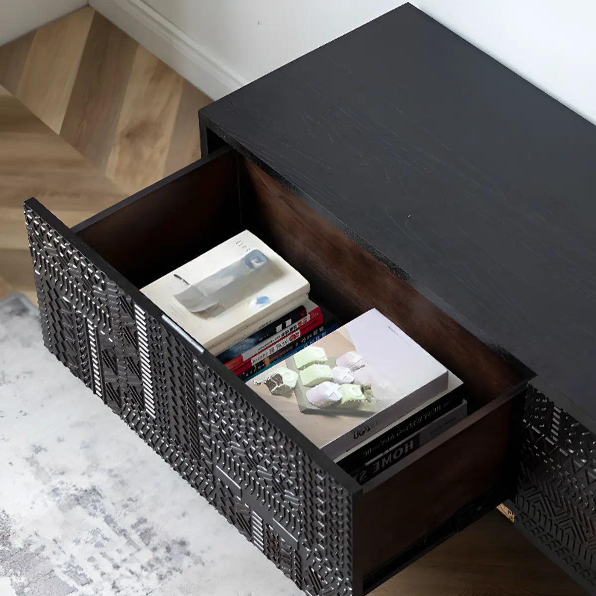 Elegant Black Wood Rectangle Carving Long TV Stand Image - 6