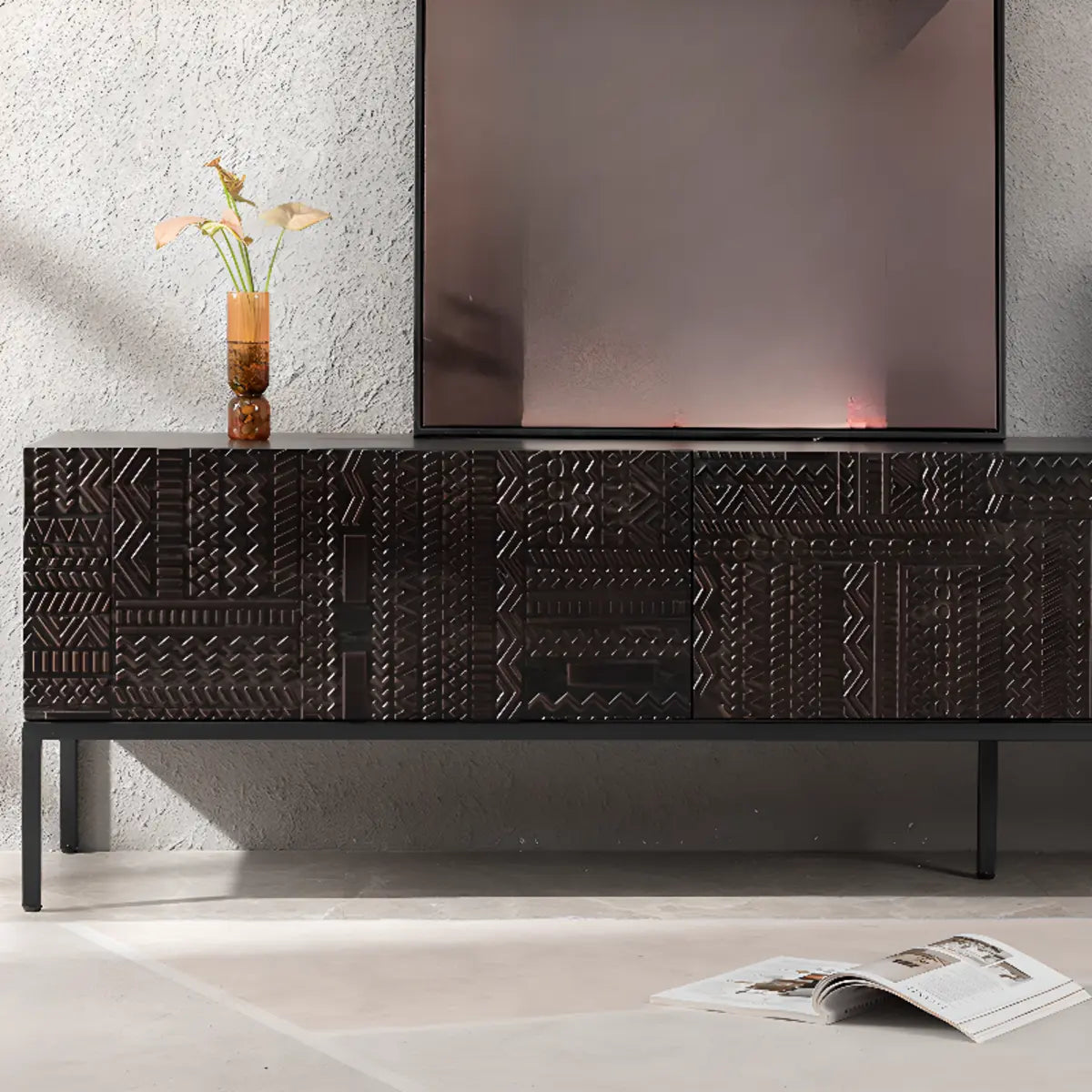 Elegant Black Wood Rectangle Carving Long TV Stand Image - 8