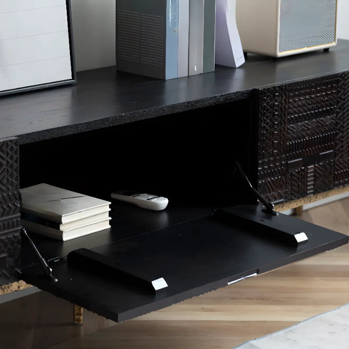 Elegant Black Wood Rectangle Carving Long TV Stand Image - 9