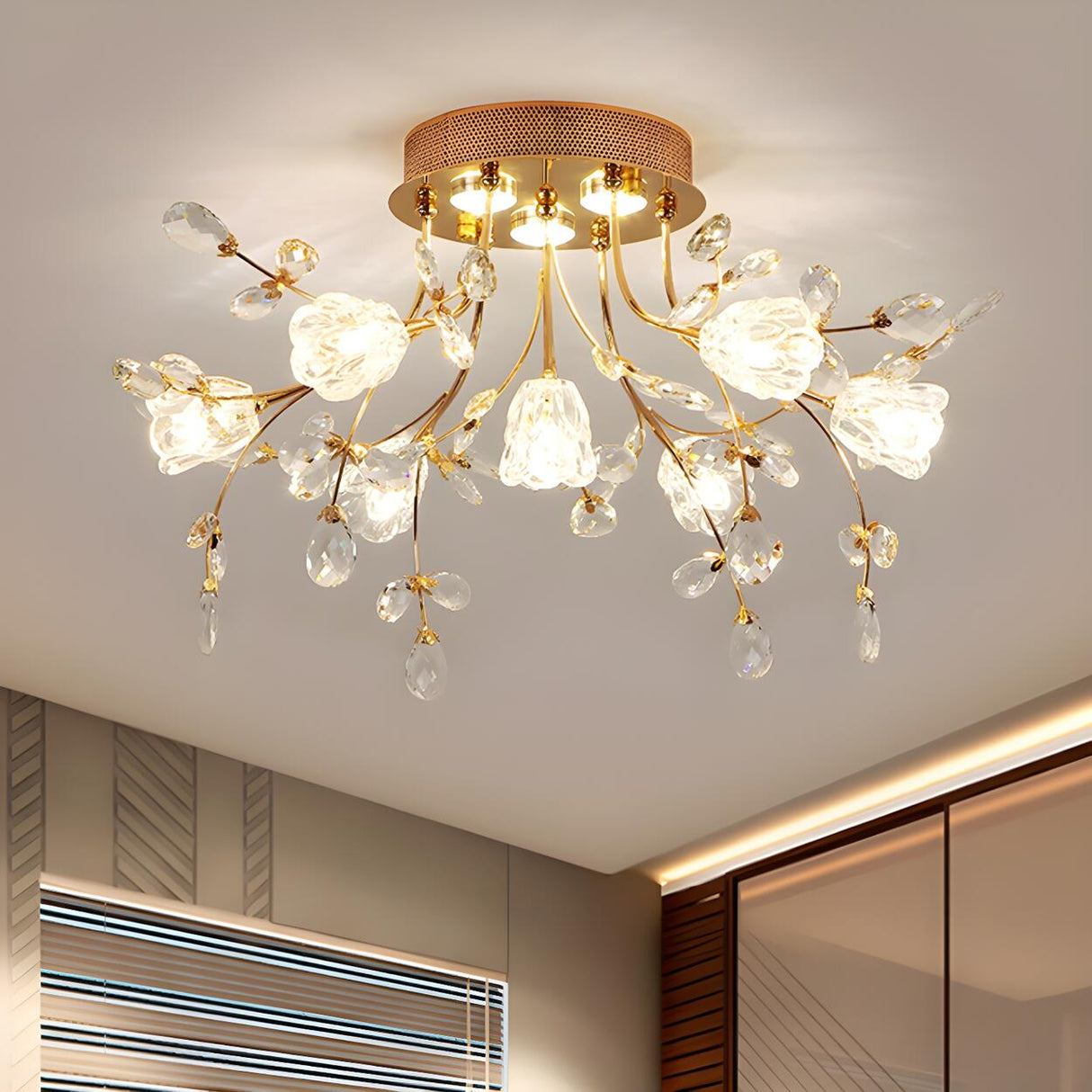 Elegant Blossom Branch Crystal Semi-Flush Mount Light Image - 1