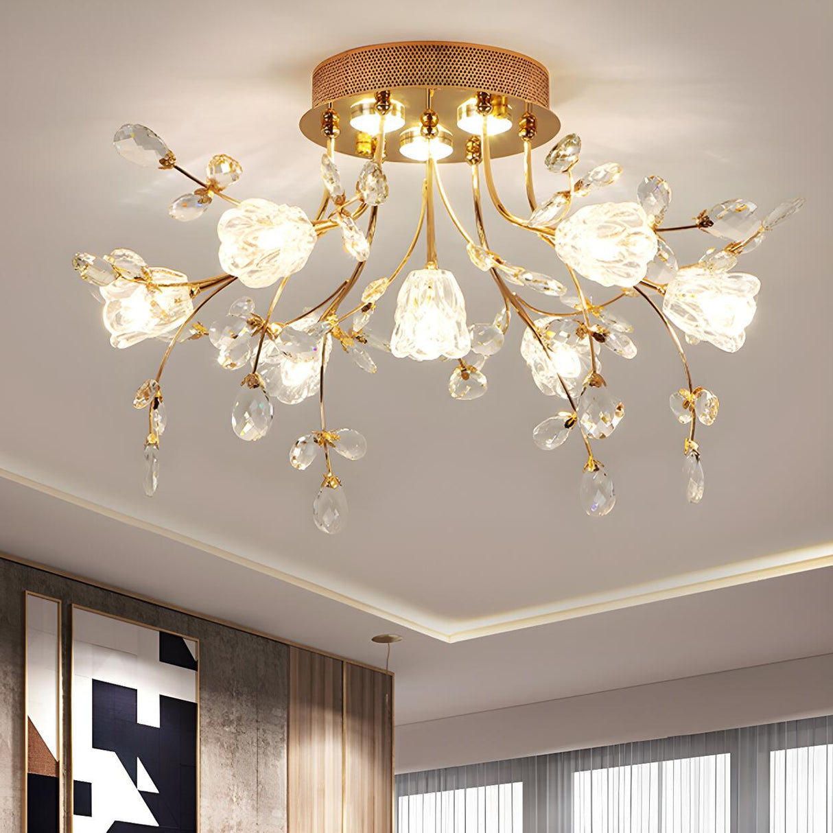 Elegant Blossom Branch Crystal Semi-Flush Mount Light Image - 2