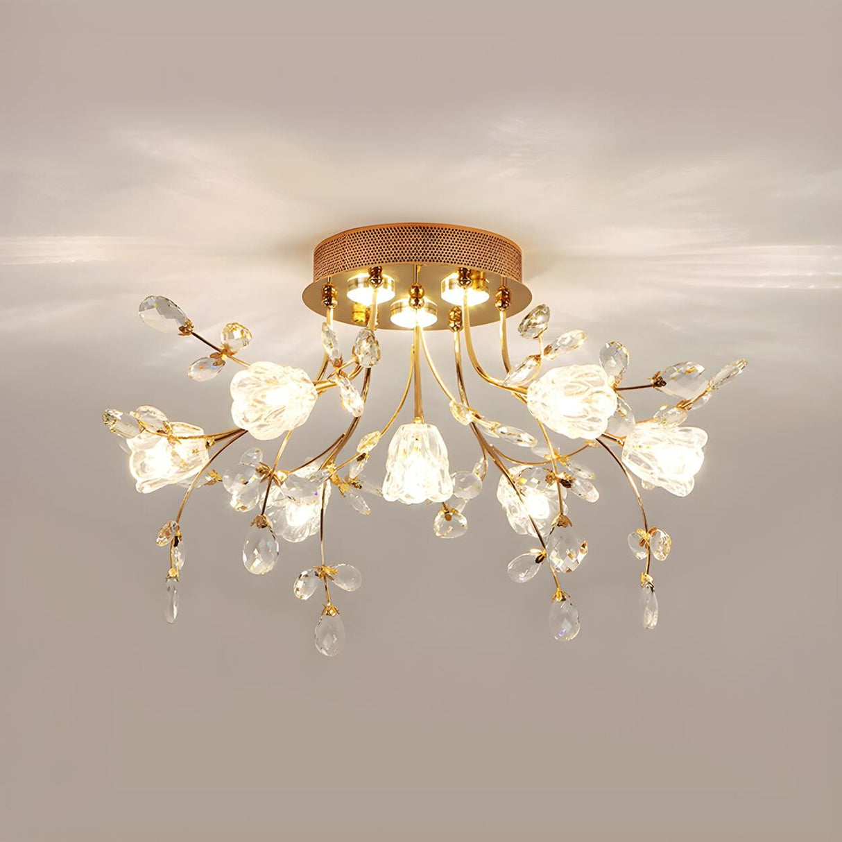 Elegant Blossom Branch Crystal Semi-Flush Mount Light Image - 3