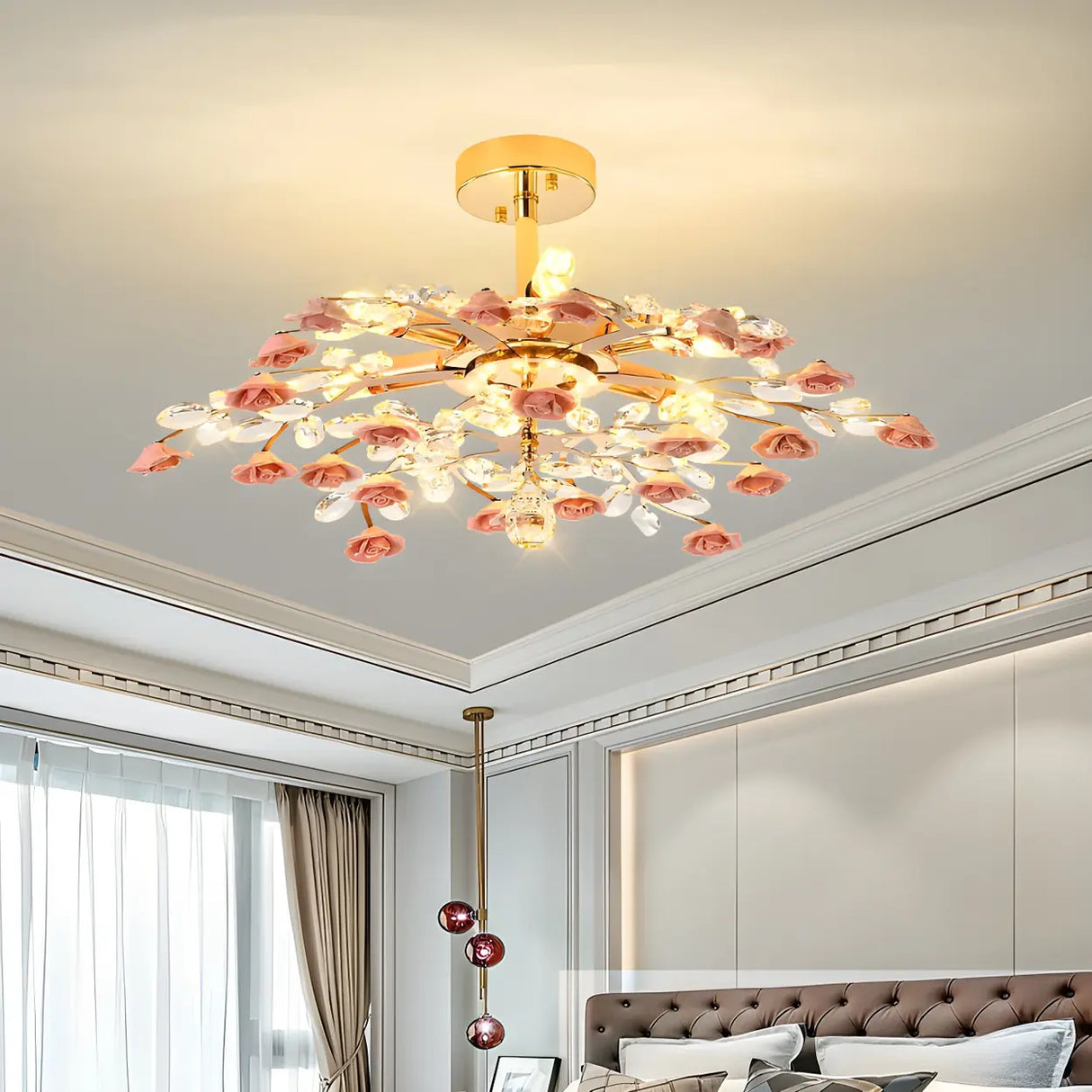 Elegant Blue Flower Crystal Semi-Flush Mount Light Image - 3