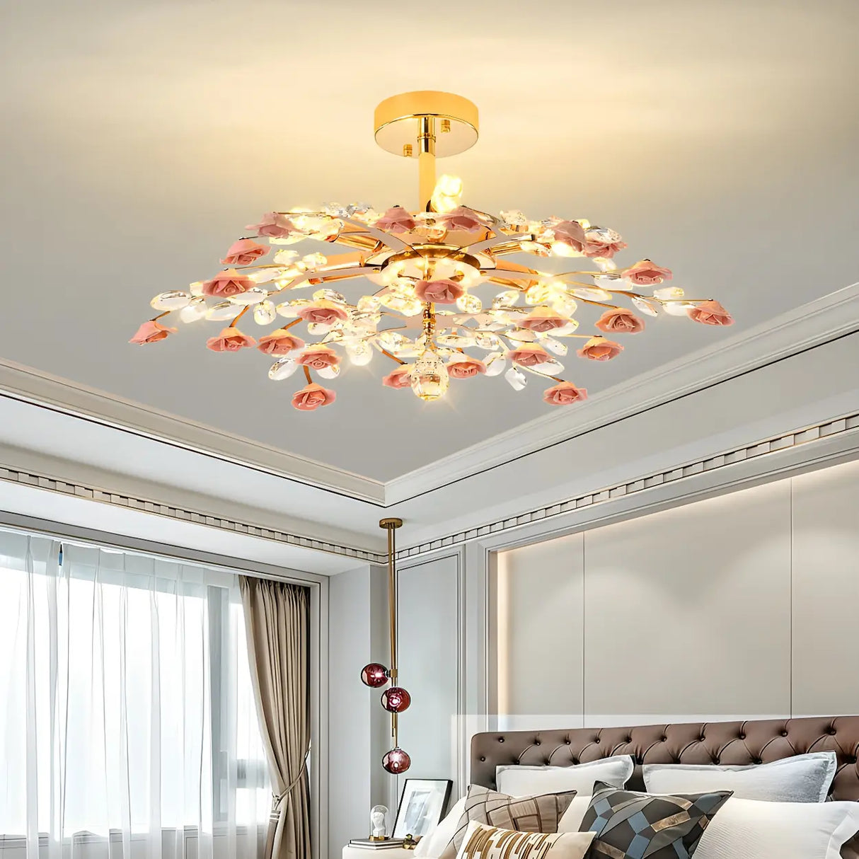 Elegant Blue Flower Crystal Semi-Flush Mount Light Image - 4