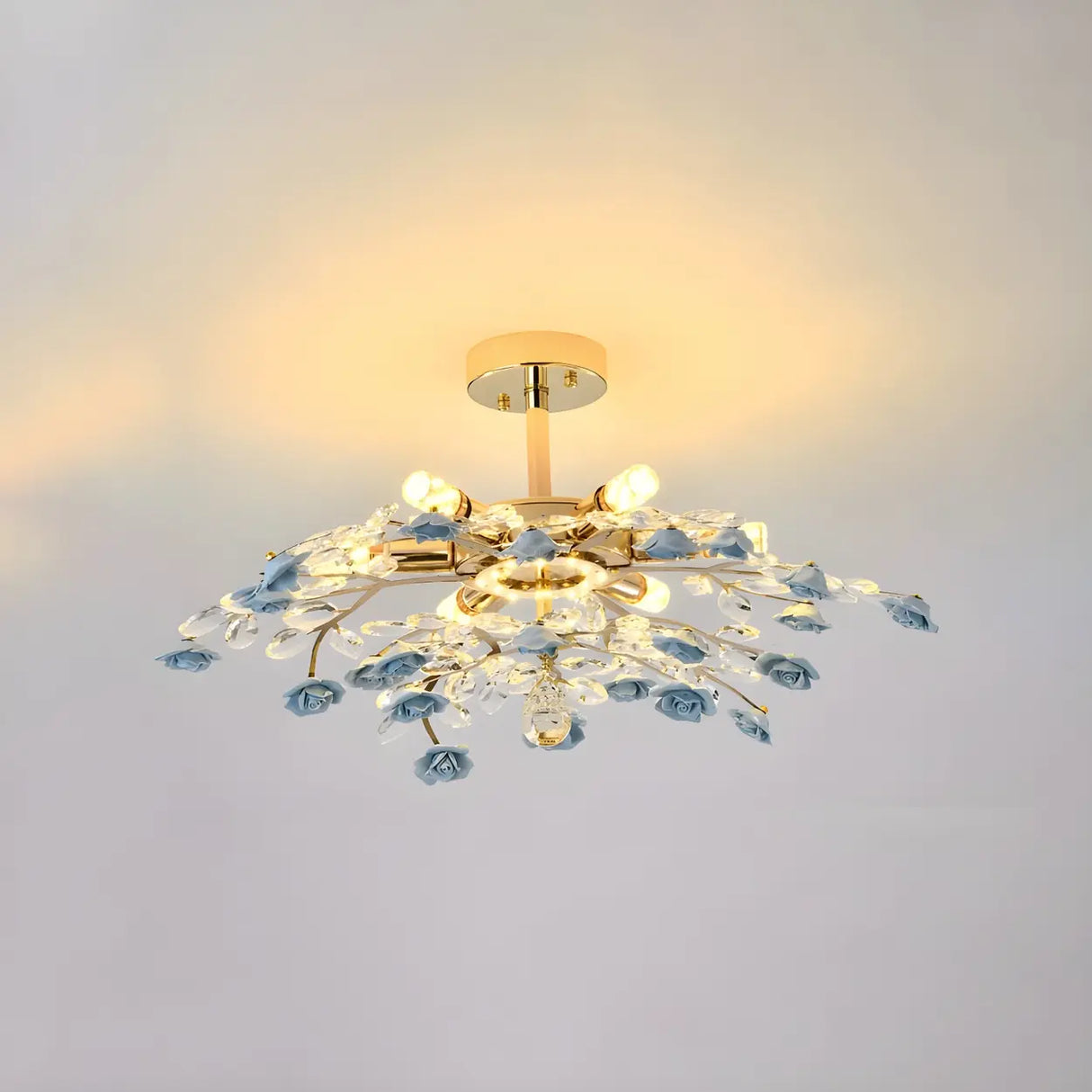 Elegant Blue Flower Crystal Semi-Flush Mount Light Image - 5