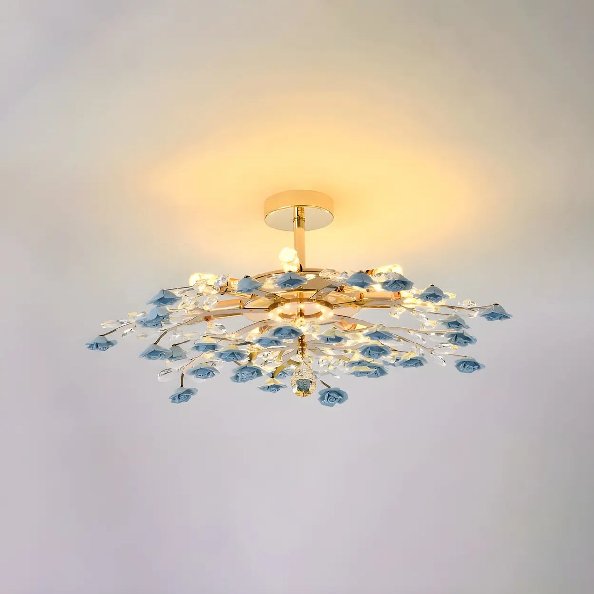 Elegant Blue Flower Crystal Semi-Flush Mount Light Image - 7