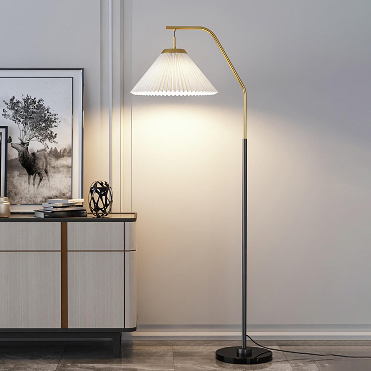 Elegant Brass and Black White Metal Floor Lamp Image - 12