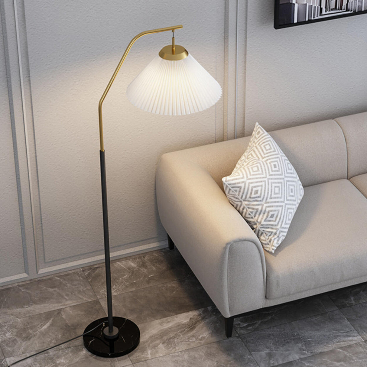 Elegant Brass and Black White Metal Floor Lamp Image - 5