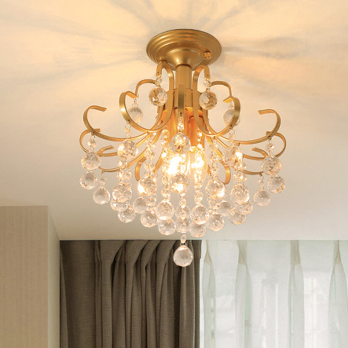 Elegant Brass Crystal Semi-Flush Mount Ceiling Light Image - 1