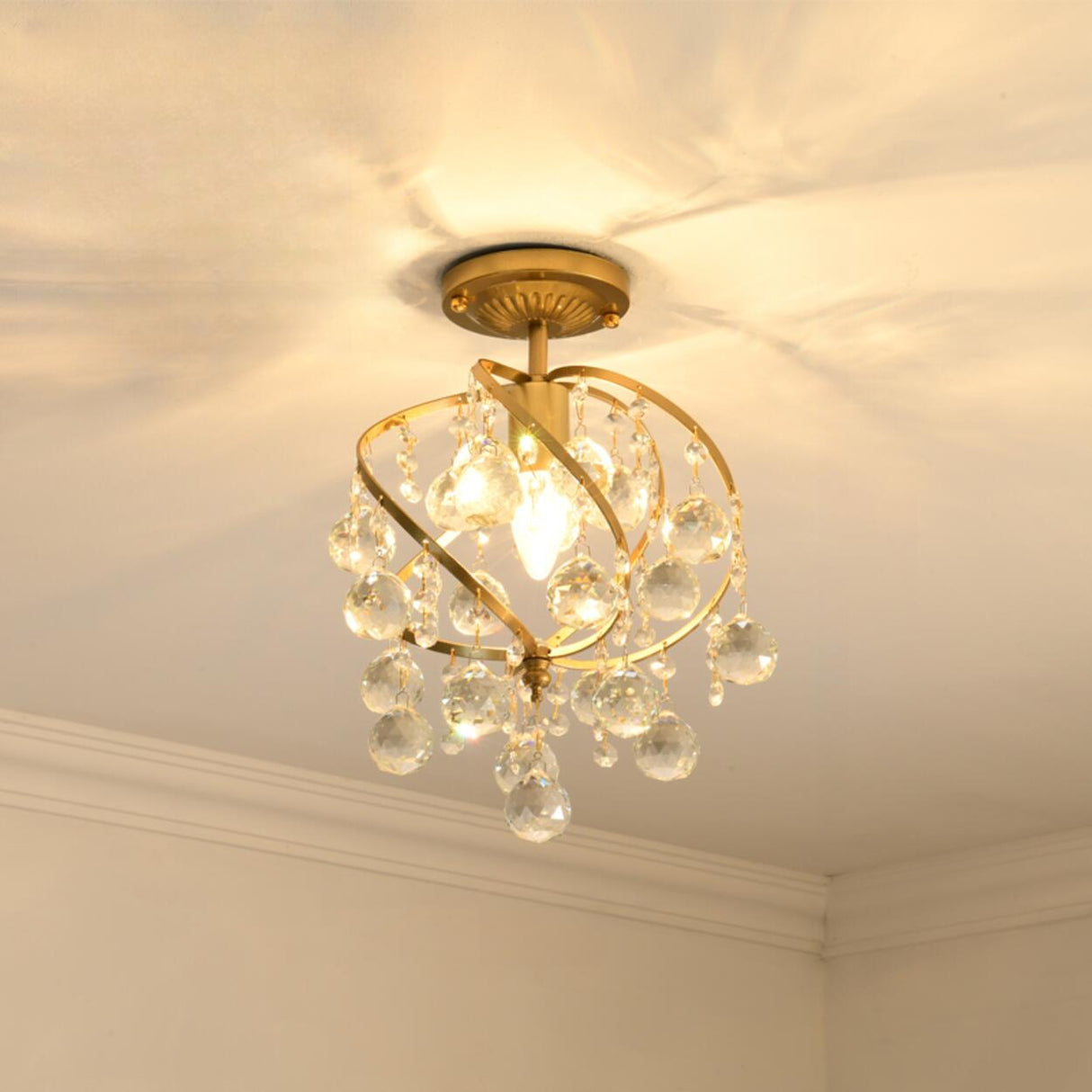 Elegant Brass Crystal Semi-Flush Mount Ceiling Light Image - 3