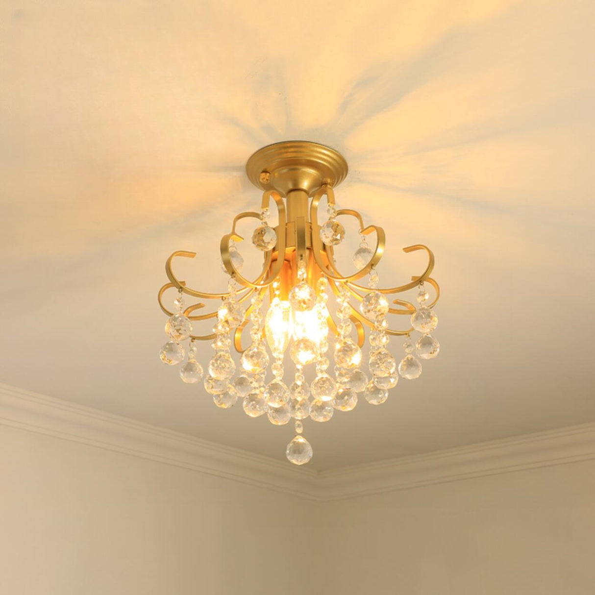 Elegant Brass Crystal Semi-Flush Mount Ceiling Light Image - 7