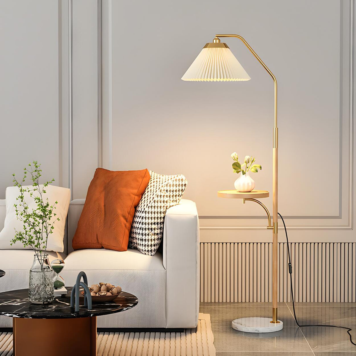 Elegant Brass Wood Side Table Arc Shelf Floor Lamp Image - 4