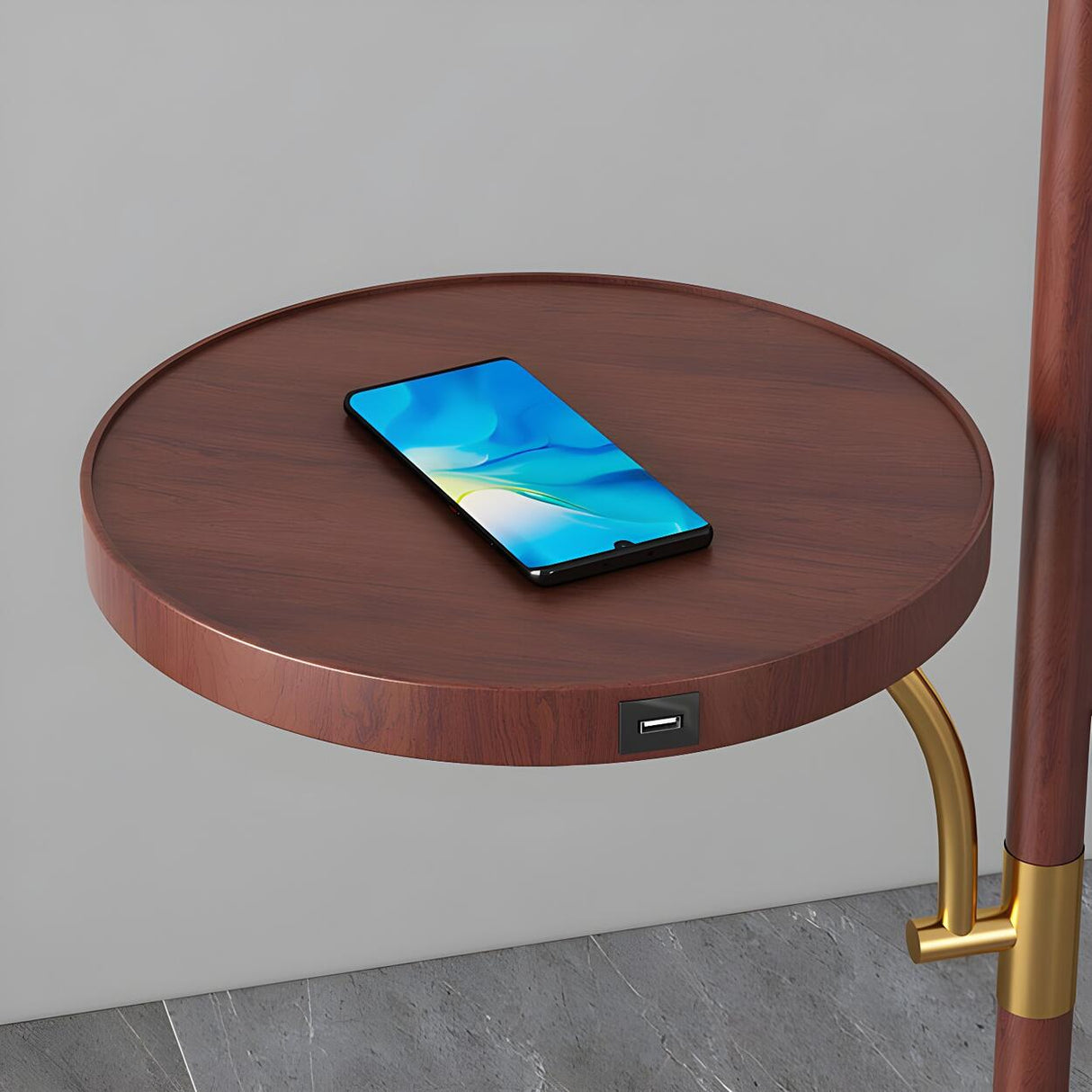 Elegant Brass Wood Side Table Arc Shelf Floor Lamp Image - 9