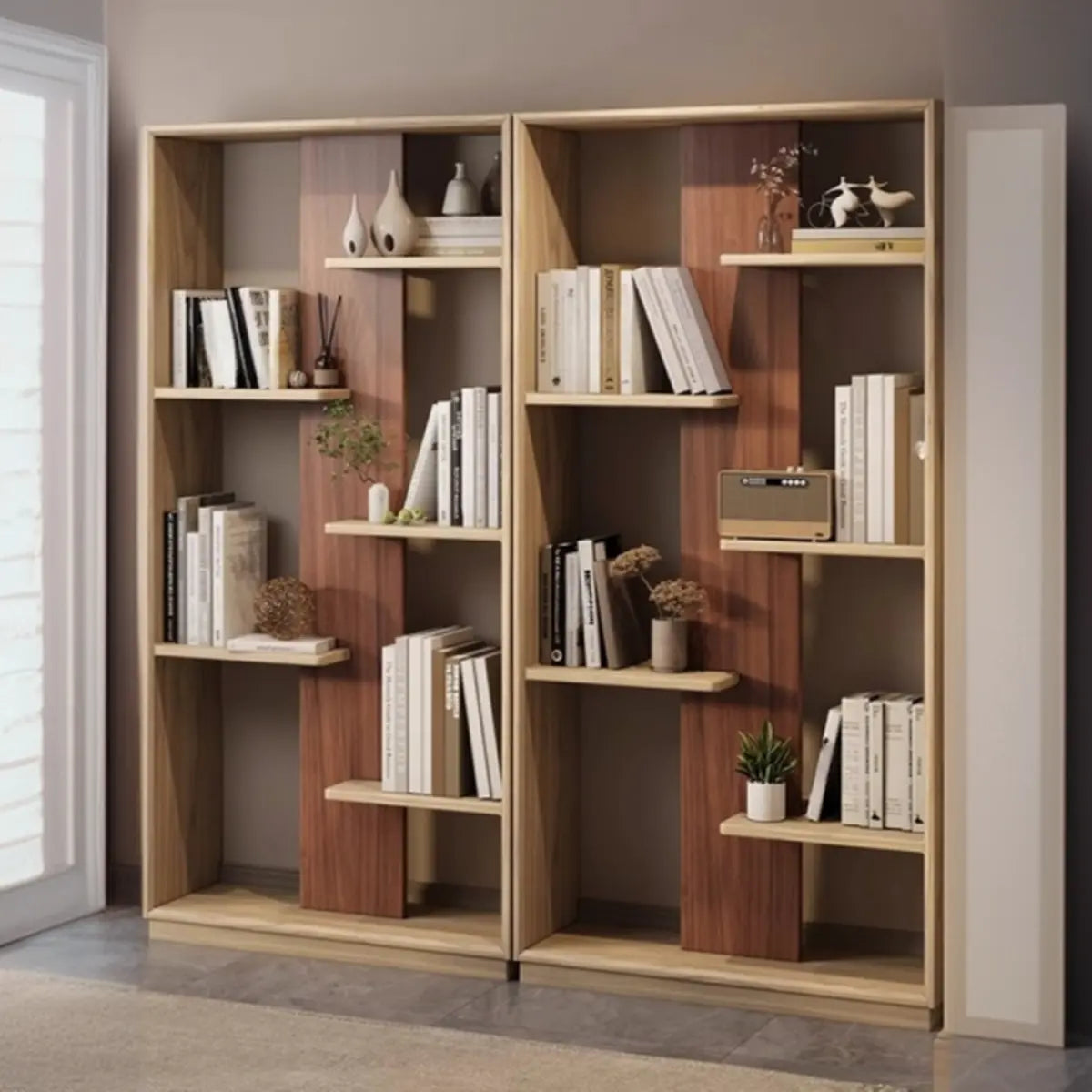 Elegant Brown Open Back Vertical Standard Wood Bookcase Image - 4