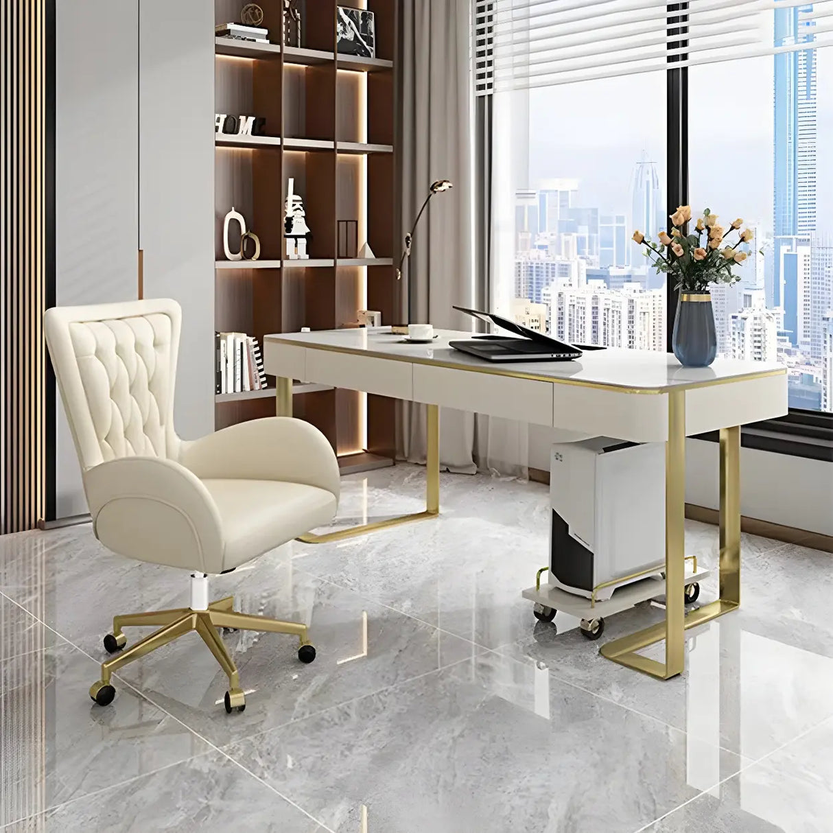 Elegant Cream Gold Adjustable Ergonomic Leather Office Chair Image - 1