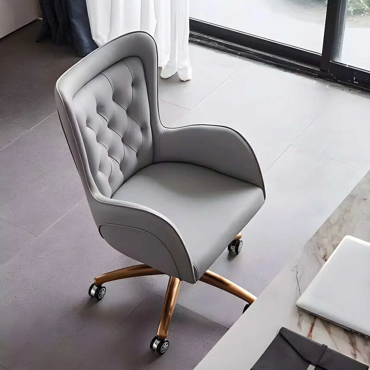 Elegant Cream Gold Adjustable Ergonomic Leather Office Chair Image - 2