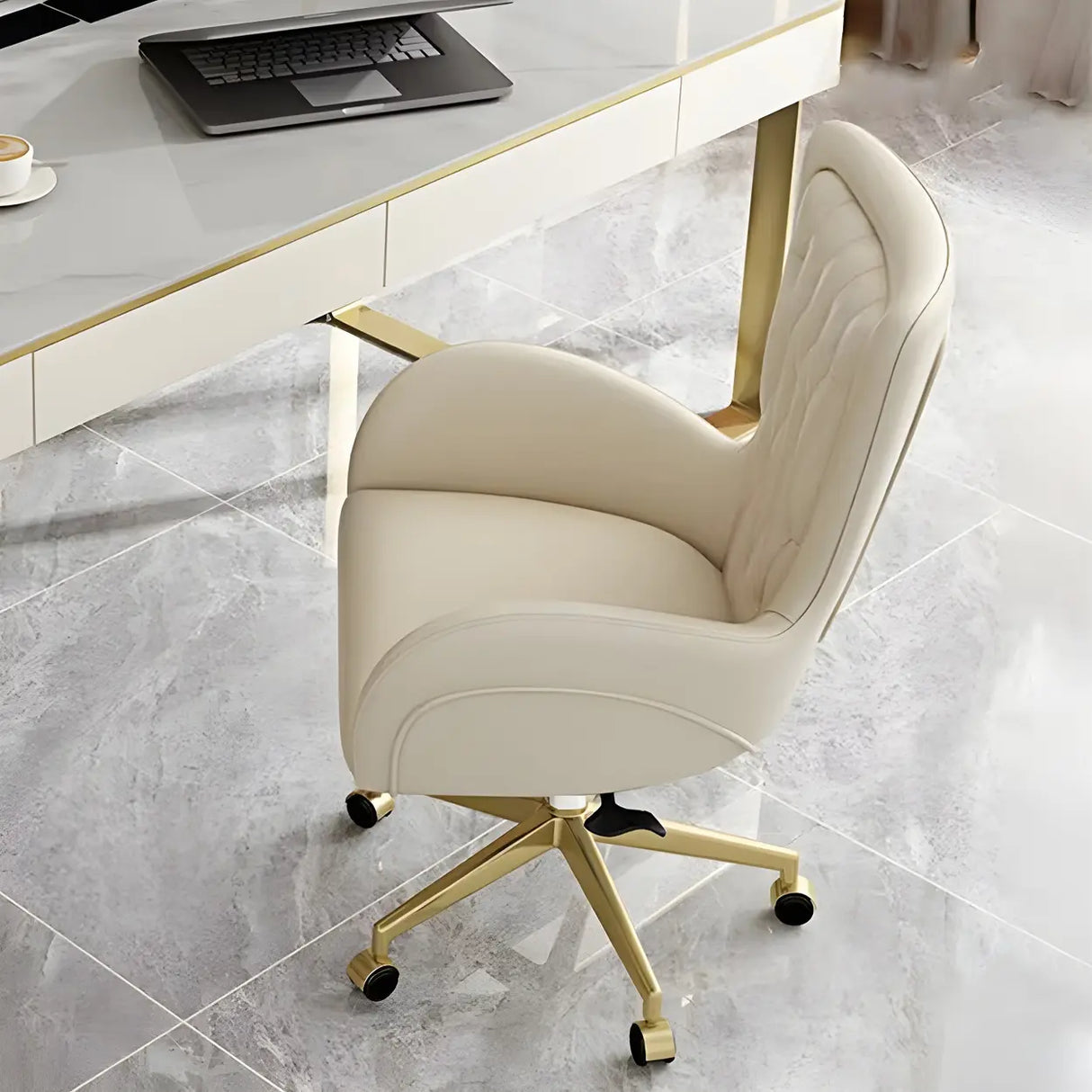 Elegant Cream Gold Adjustable Ergonomic Leather Office Chair Image - 4