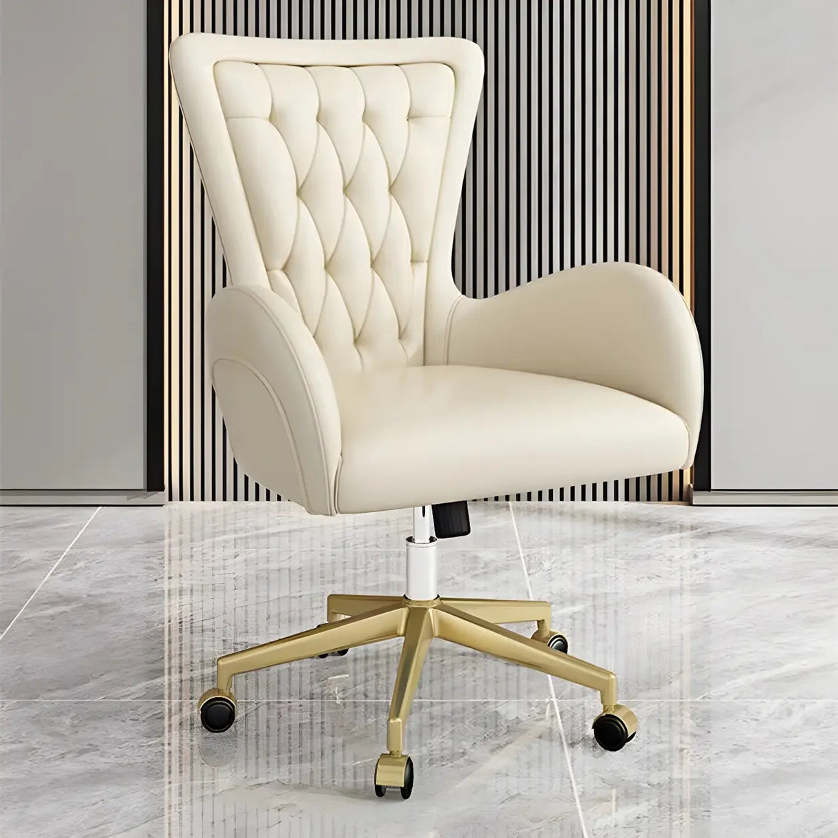 Elegant Cream Gold Adjustable Ergonomic Leather Office Chair Image - 7