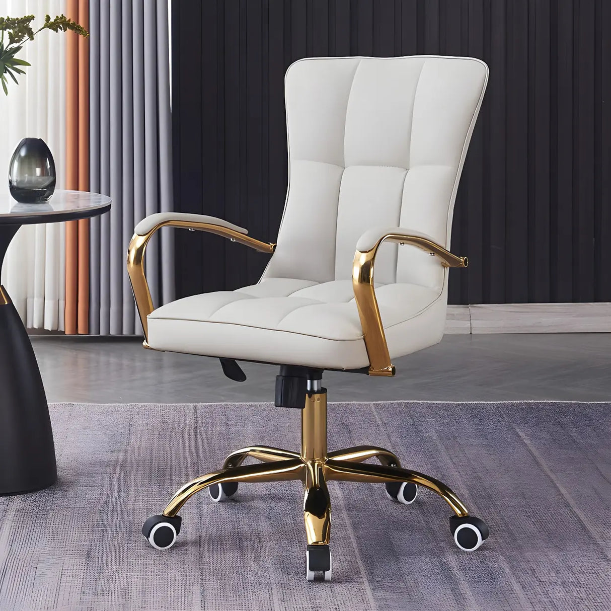Elegant Cream Gold Adjustable Ergonomic Leather Office Chair Image - 10
