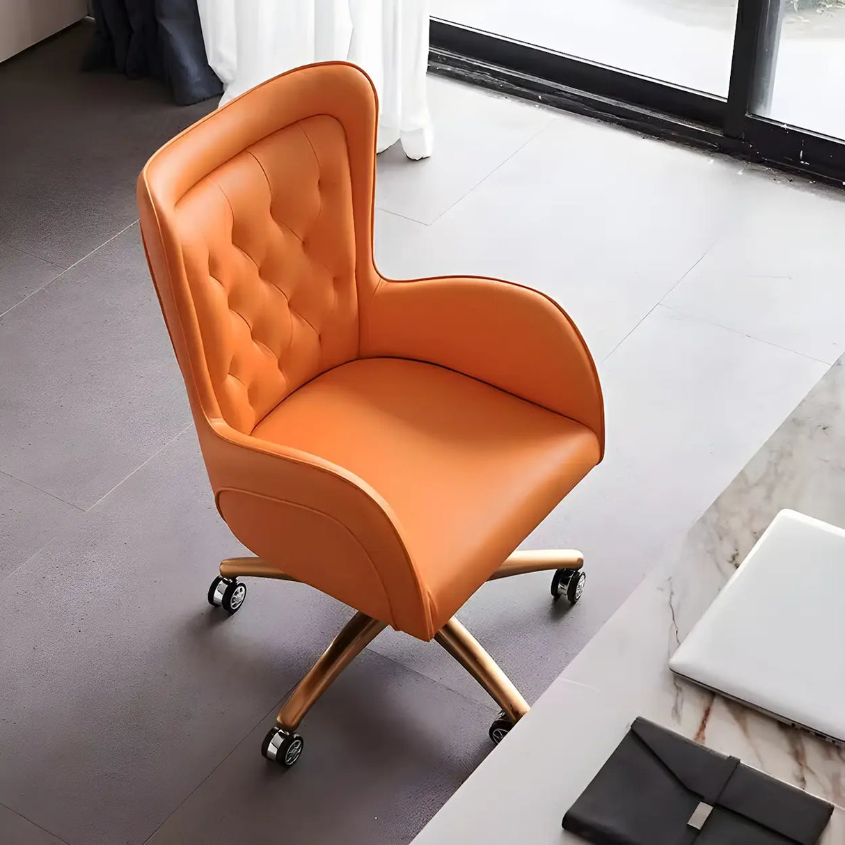 Elegant Cream Gold Adjustable Ergonomic Leather Office Chair Image - 21