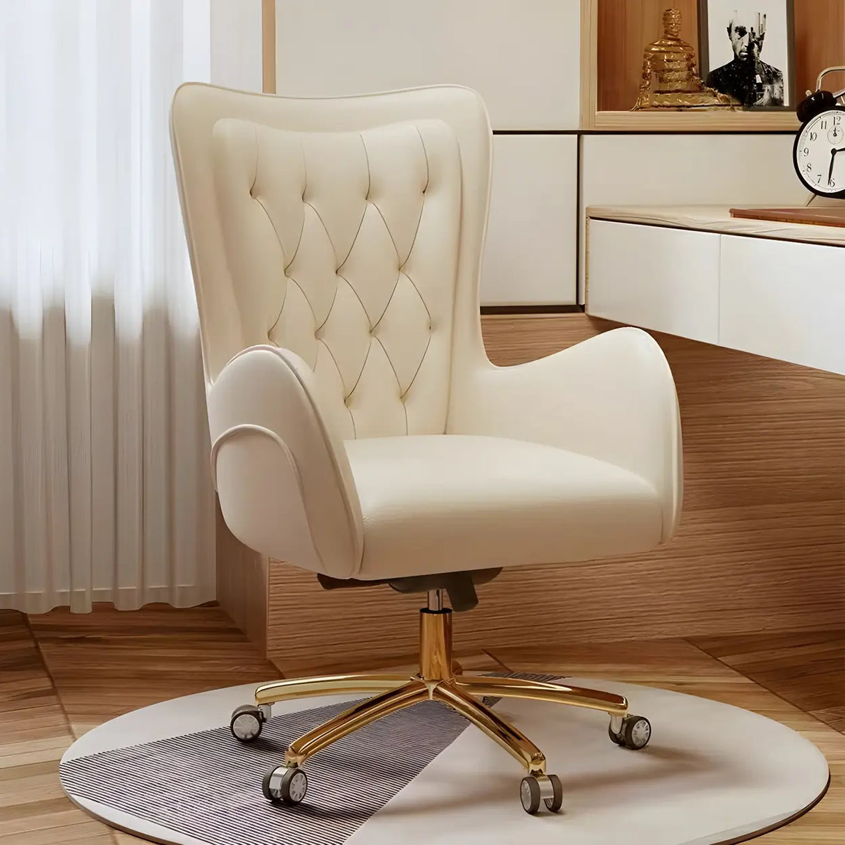 Elegant Cream Gold Adjustable Ergonomic Leather Office Chair Image - 25