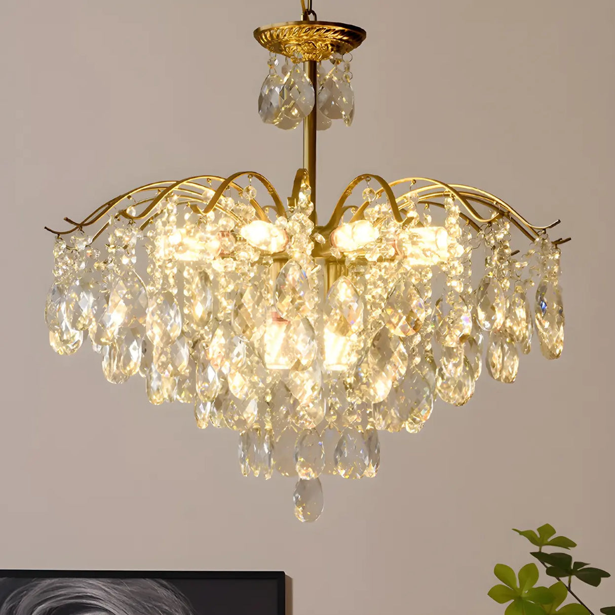 Elegant Crystal Chandelier with Golden Frame, 5 Lights Image - 4