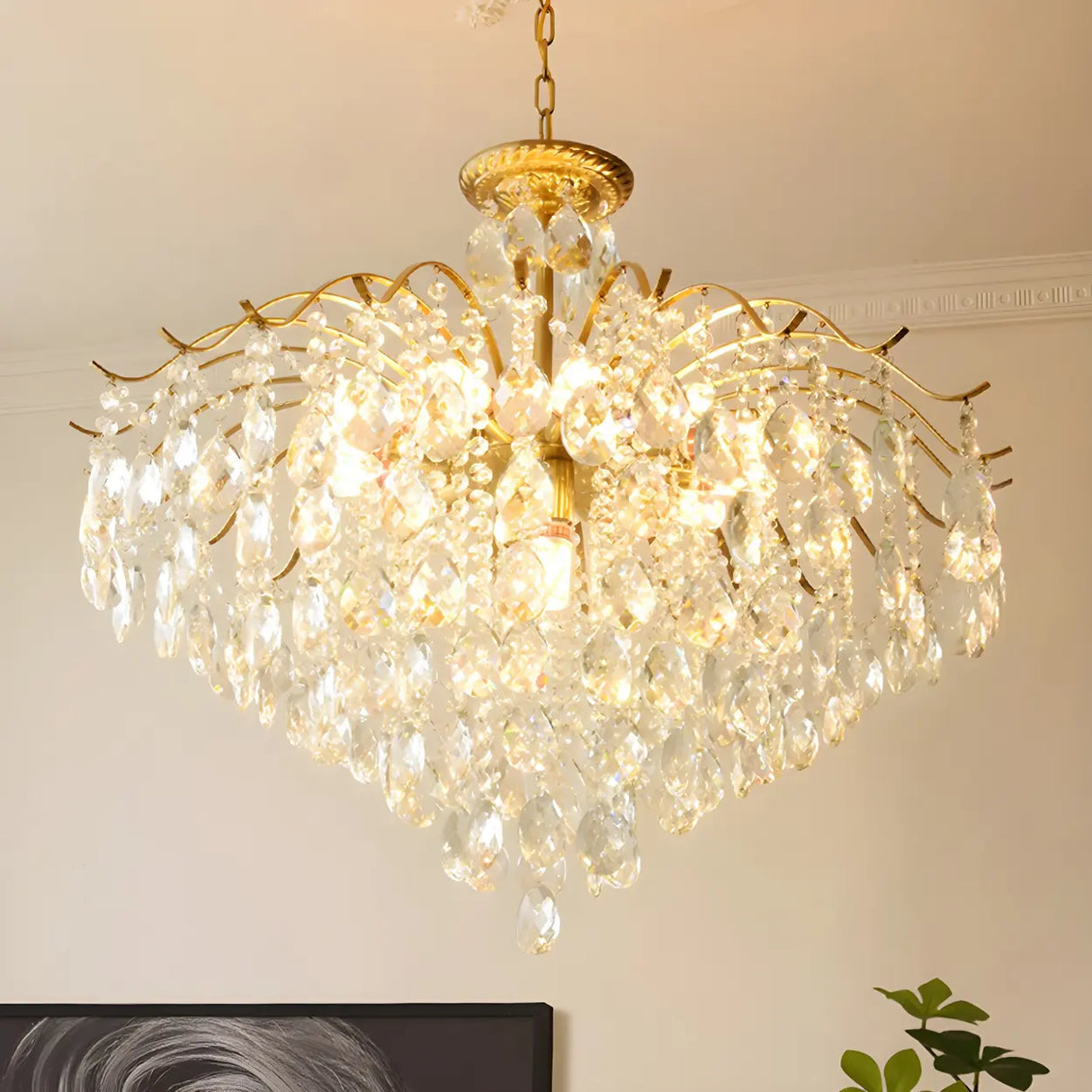 Elegant Crystal Chandelier with Golden Frame, 5 Lights Image - 6