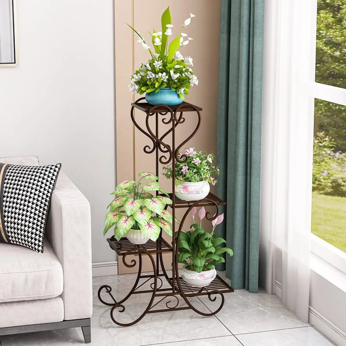 Elegant Curved Metal Base Floor Plant Stands Black Image - 3