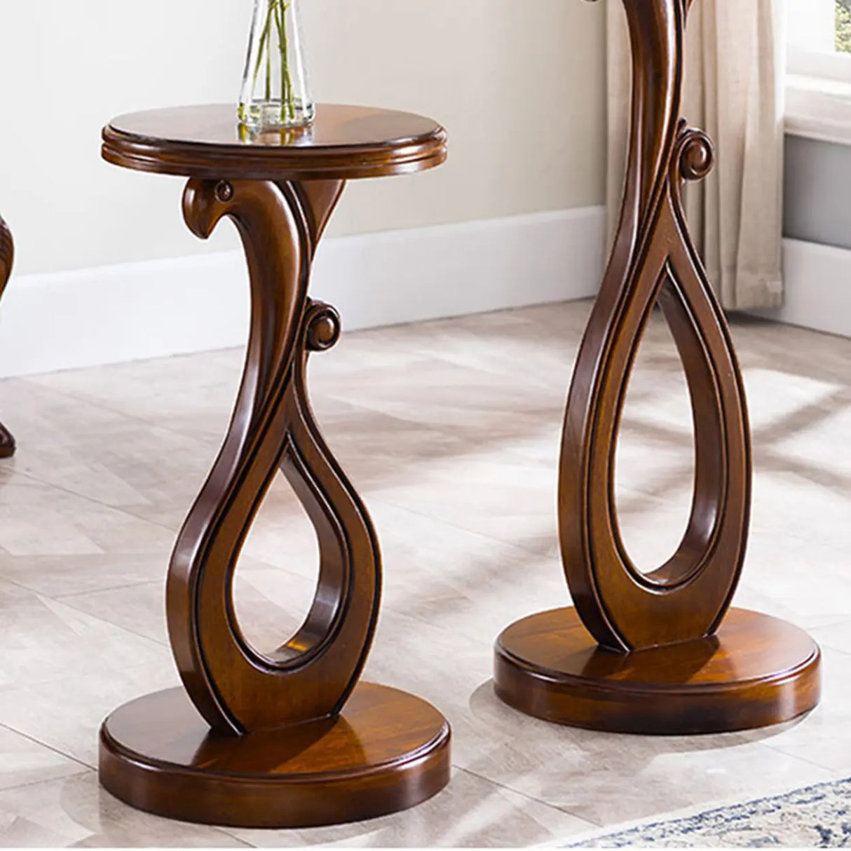 Elegant Curved Pedestal Cherry Wood Round Plant Stand Image - 6