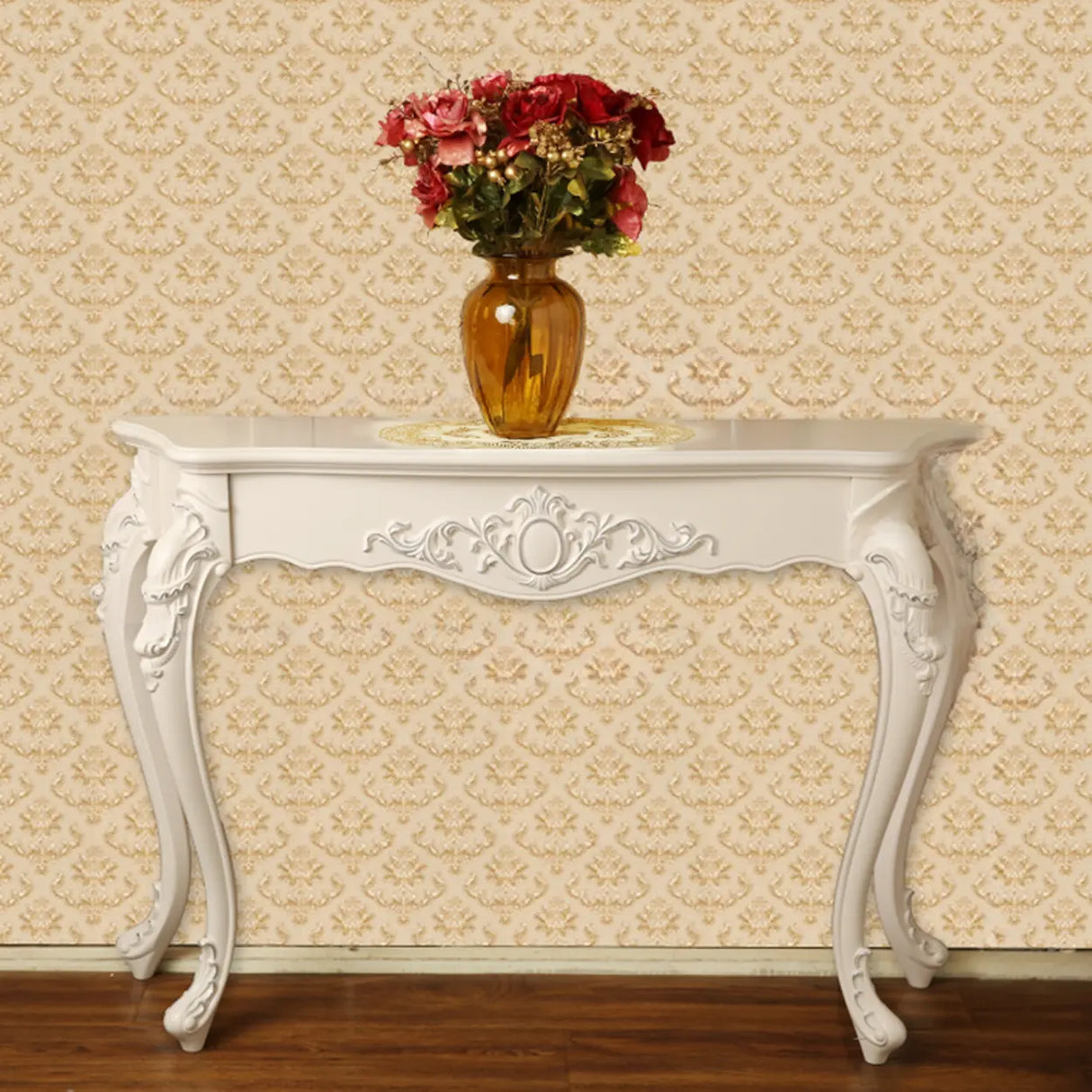 Elegant Curved Wood Cream Free Form Narrow Console Table Image - 11